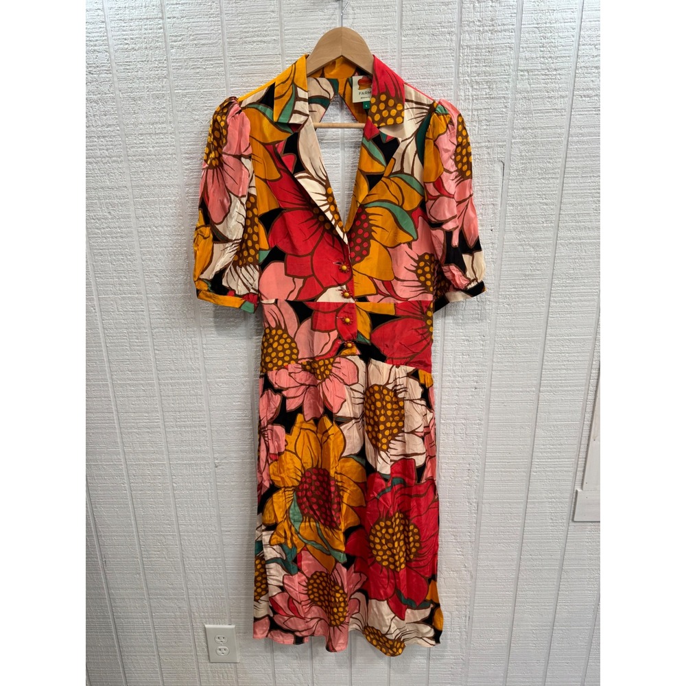 Farm Rio Floral Midi Dress Womens Multicolor Open Back Puff Sleeve Size S